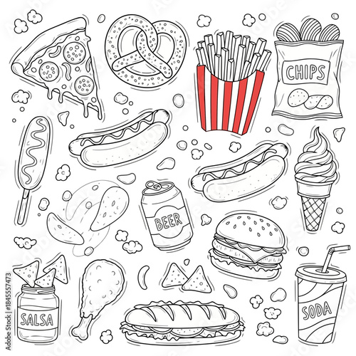 Assorted food items including pizza, fries, hot dogs, burgers, and ice cream