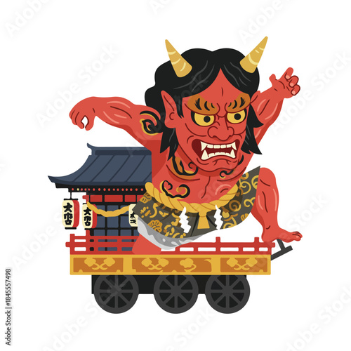 Red oni demon on portable shrine float, perfect for halloween, horror designs, or japanese folklorethemed projects. Great for book covers.