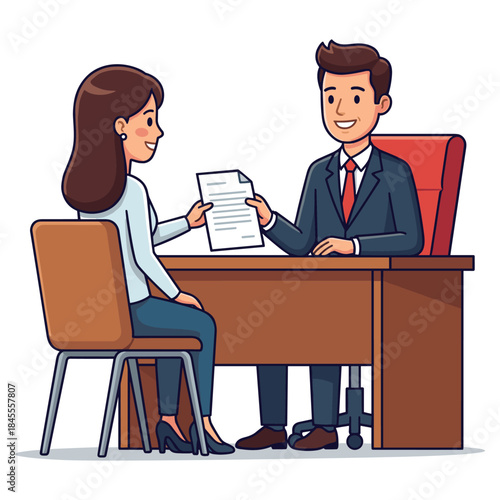 Male Interviewer Holding Resume and Hiring Candidate – Job Interview Vector