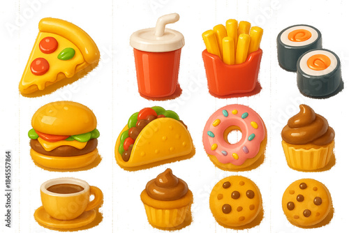 3D Glossy Colorful Food Icons Set – Fast Food and Desserts on Transparent Background