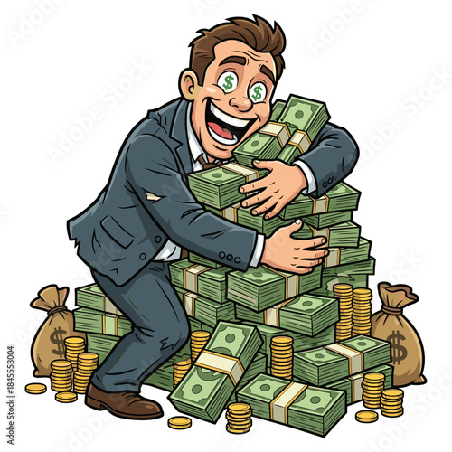Greedy Businessman Hugging Money with Suspicious Look