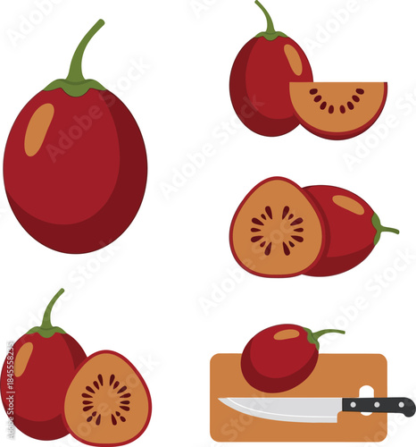 Red cherry tomatoes being sliced on a cutting board with a knife sliced tomatoes fresh produce