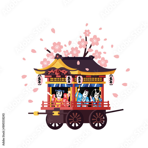Japanese festival float with kabuki actors among cherry blossoms. Vibrant colors suitable for cultural blogs, travel websites, or event promotions.