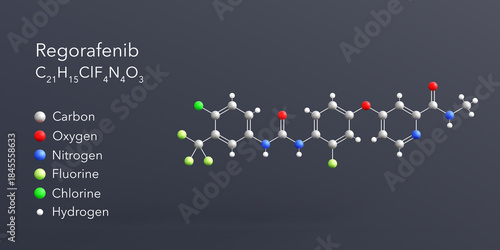 Fototapeta Naklejka Na Ścianę i Meble -  regorafenib molecule 3d rendering, flat molecular structure with chemical formula and atoms color coding