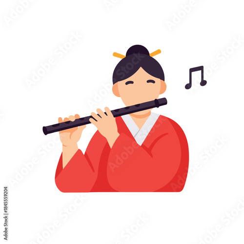 Woman in red traditional clothing plays flute, adorned with hairpin accessories. Suitable for music, culture, and asianthemed designs.