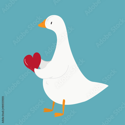 Cute Goose Holding Red Heart Flat Vector Illustration. For Valentine's Day.