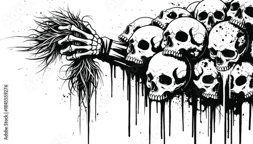 Skeletal hand holding a hairy with multiple skulls in black and white dark macabre