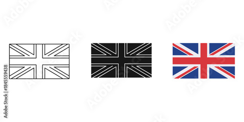 Three variations of the united kingdom flag icon presented in different styles