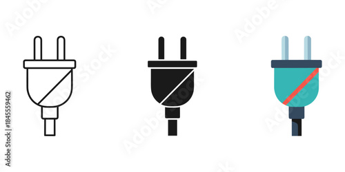 A set of electrical plug icons, including line art, silhouette, and a colored version with a no-entry sign