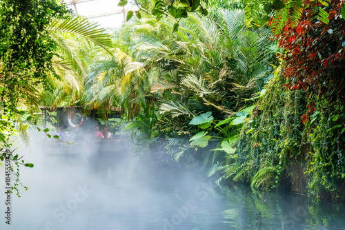 Misty Jungle River with Tropical Boat