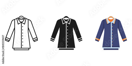 Icon set showing a button-up shirt in three different styles: outline, glyph, and color flat design