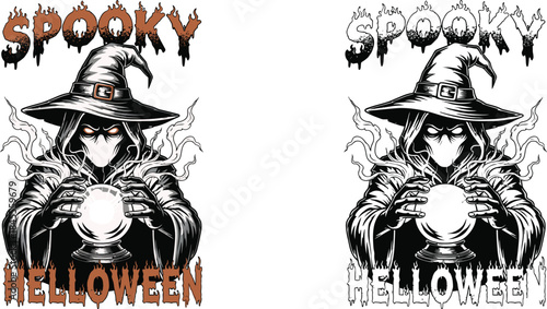 Spooky Halloween wizard with crystal ball and fiery text witch