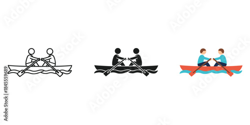 Collection of icons showing two people rowing a boat together in three distinct styles