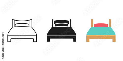 Three different styles of bed icons including outline, solid black, and colorful versions for design