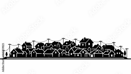 Silhouette of a suburban neighborhood with houses and power lines.