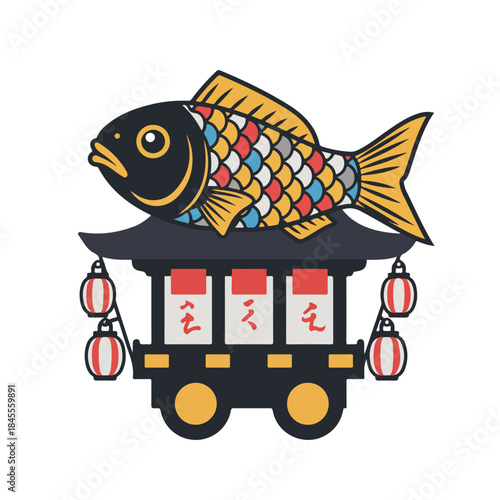 Fish on festival cart with lanterns vibrant celebration scene. Suitable for travel, carnival, and festival themed designs.