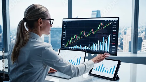 Female financial analyst with glasses working on stock market data analysis on multiple screens in modern office with city view