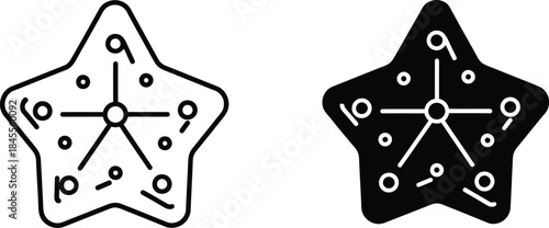 Starfish shape with abstract circular and linear patterns in black and white outline