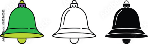Three bells with green filled, white outline, and black silhouette on white background