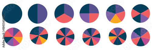 Set of colorful pie charts. Colorful pie charts with varying segments. Circle section graph. Pie chart set. Pie charts diagrams. Different color circles. donut and pie chart infographic elements set.