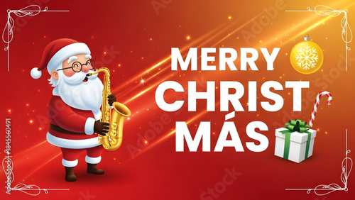 Merry Christmas Santa Claus playing saxophone with gift box and ornament 