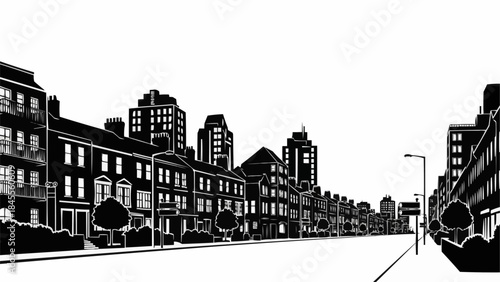 Black and White Cityscape with Buildings and Street.
