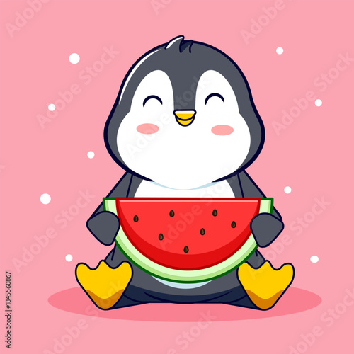 Cute Penguin Enjoying Watermelon Slice Vector Illustration Cartoon Design Kawaii