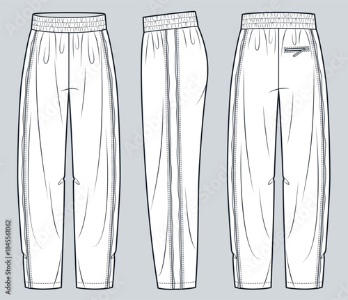 Jogger Pants with Elastic Waistband and Raw Edge Technical Fashion Illustration. Jersey Pants fashion flat technical drawing template, front, side and back view, white, women, men, unisex CAD mockup.