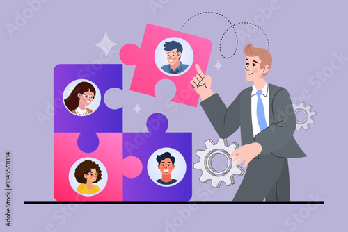 Businessman putting puzzle piece with employee avatar into team group. Concept of human resources recruitment, hiring best candidate, effective team building, and workforce management.