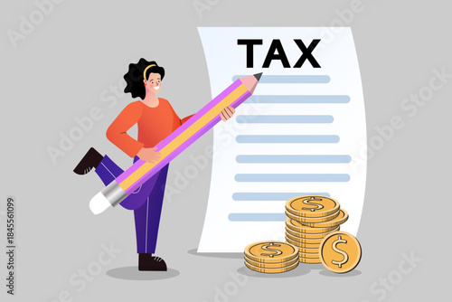 Woman holding giant pencil standing next to tax document paper with stack of dollar coins. Concept of financial tax return filing, accounting payment deadline, and money budget planning.