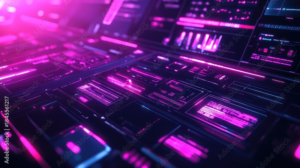 Obraz premium Digital interface projecting neon pink and blue data elements over a dark background, visualizing futuristic cyber security, ai, programming, and big data analytics in a high tech scene
