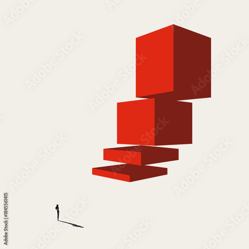 Minimal vector concept illustration of a businesswoman looking up at floating red block stairs, symbolizing exponential growth, scalability, expansion, and ambitious goals.