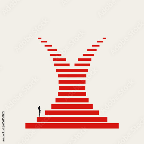 Minimal vector concept illustration of a businesswoman facing a Y-shaped staircase, symbolizing difficult choices, career decisions, and splitting future paths or opportunities.