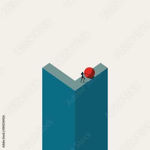 Minimal vector concept illustration of a businesswoman pushing a sphere around a sharp corner, symbolizing a strategic pivot, change of direction, and hard work or effort.