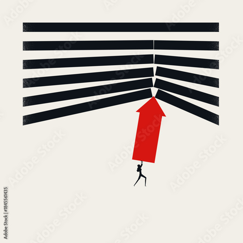Minimal vector concept illustration of a businesswoman using a red arrow to break through black layers, symbolizing breaking the glass ceiling and power.
