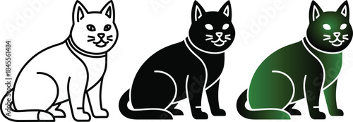 Three stylized cats sitting in a row with different colors white black and green