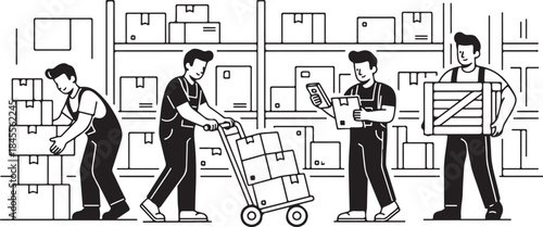 Warehouse Logistics Team Managing Inventory and Moving Packages in Organized Distribution Center