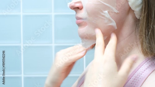 Young woman holding sheet mask against background of blue tiles, side view.