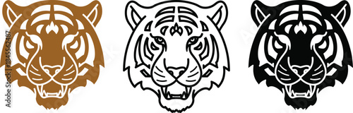 Three stylized tiger head in brown black and outline on white animal symbol