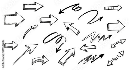 Collection of hand drawn black arrows in various styles and directions on a white background