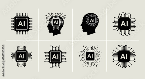 Collection of stylized ai chip icons and human head silhouettes with ai processors