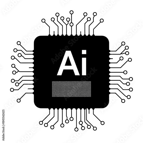 Abstract representation of artificial intelligence chip with ai text and circuit board connections