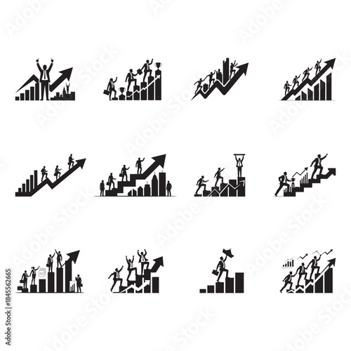 Black Color Corporate Success and Growth Silhouette Vector Illustration, Solid White Background.