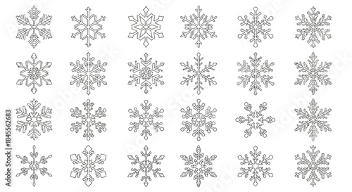 A collection of diverse snowflake illustrations in outline style on a white background