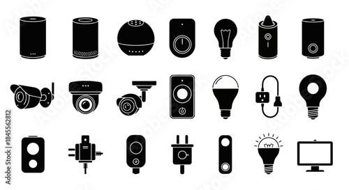 Collection of black silhouette icons representing smart home devices and technology for modern living