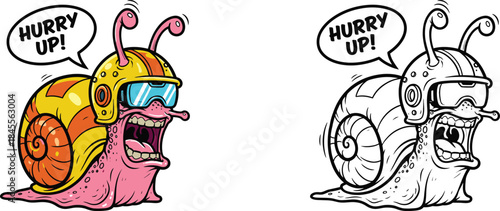 Two cartoon snails wearing helmets and shouting hurry up in speech bubbles