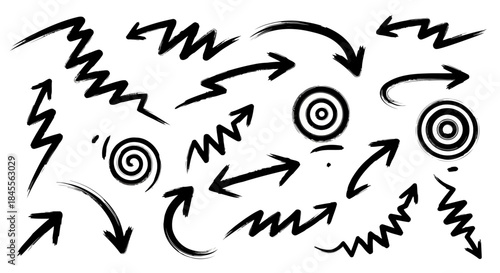 Collection of hand drawn black arrows and target symbols with a brush stroke effect on a white background