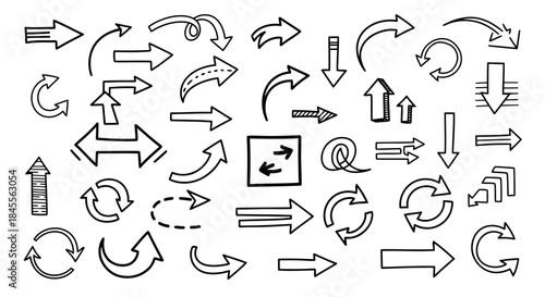 Collection of hand drawn black and white arrow icons and symbols for design and navigation
