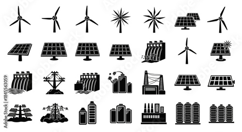 Collection of black and white icons representing various renewable and conventional energy sources and storage methods