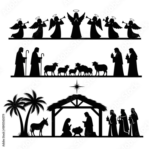 Christmas nativity scene silhouette with angels shepherds and wise men celebrating birth of jesus